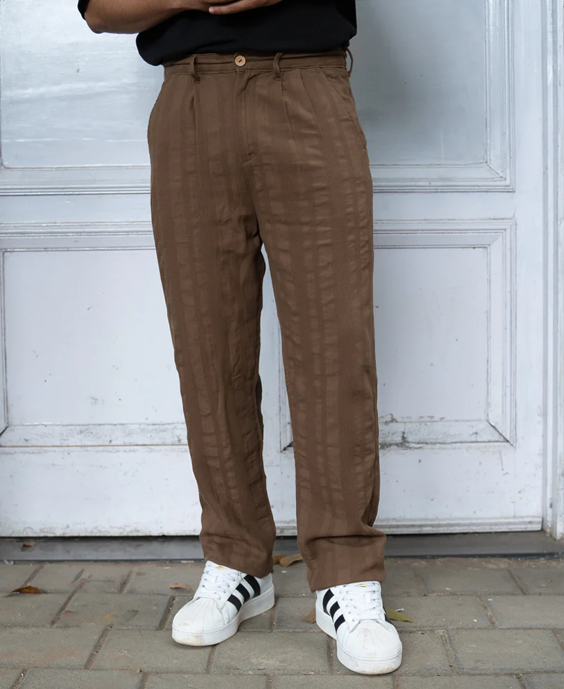 Brown Structured Pleated Cotton Trousers - Image 3