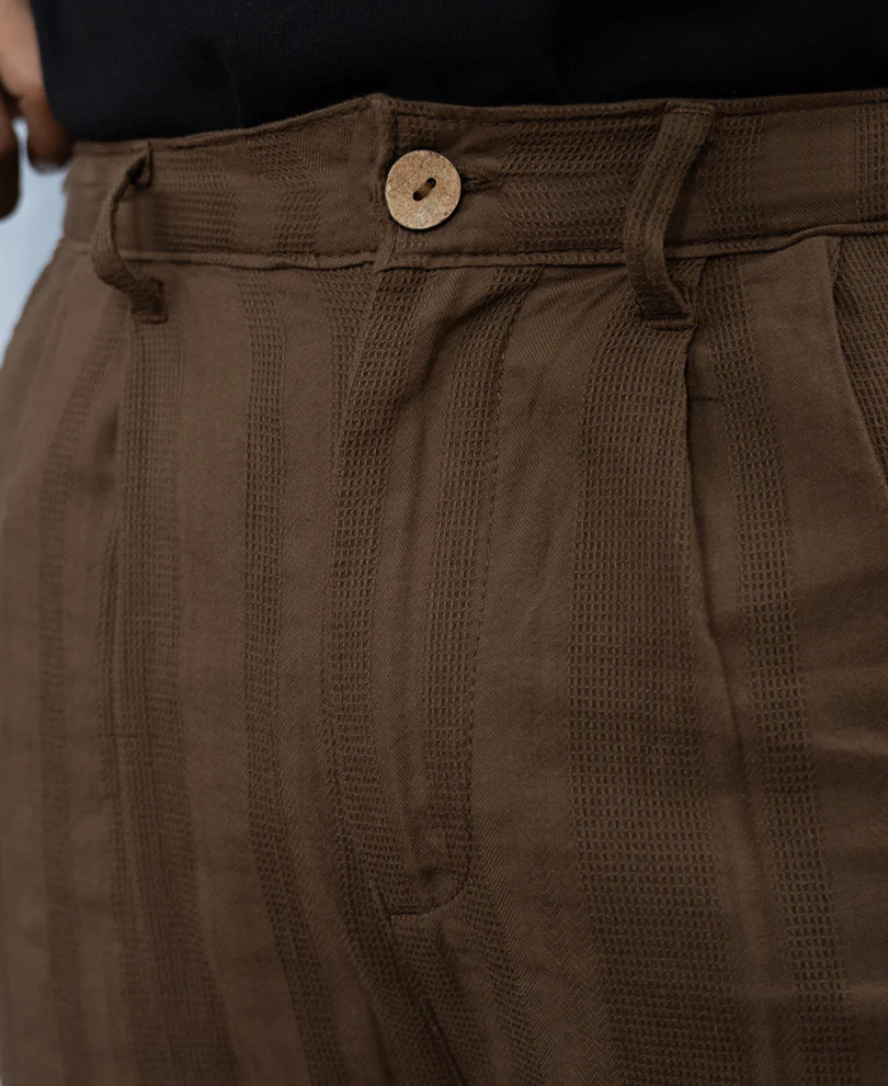 Brown Structured Pleated Cotton Trousers - Image 4