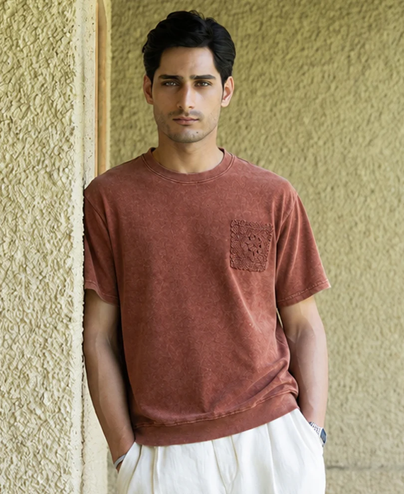 Brown Washed Crochet Patch T-Shirt - Image 2