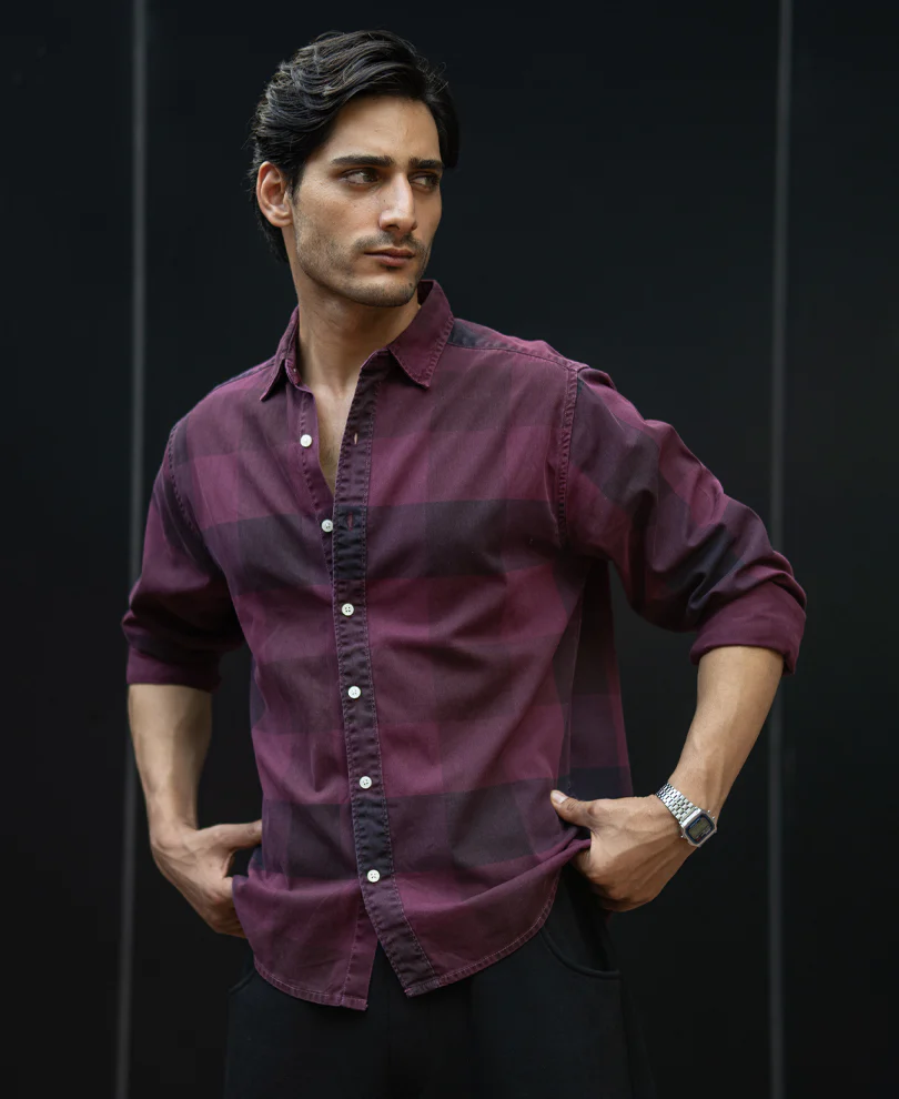 Burgendy Overdyed Checks Shirt - Image 2