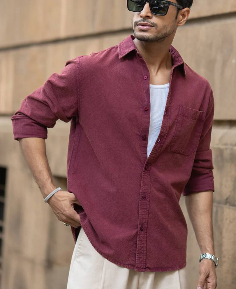 Burgundy Washed Structure Shirt 100% Cotton - Image 2
