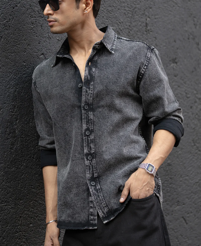 Charcoal Black Washed Denim Overshirt - Image 3