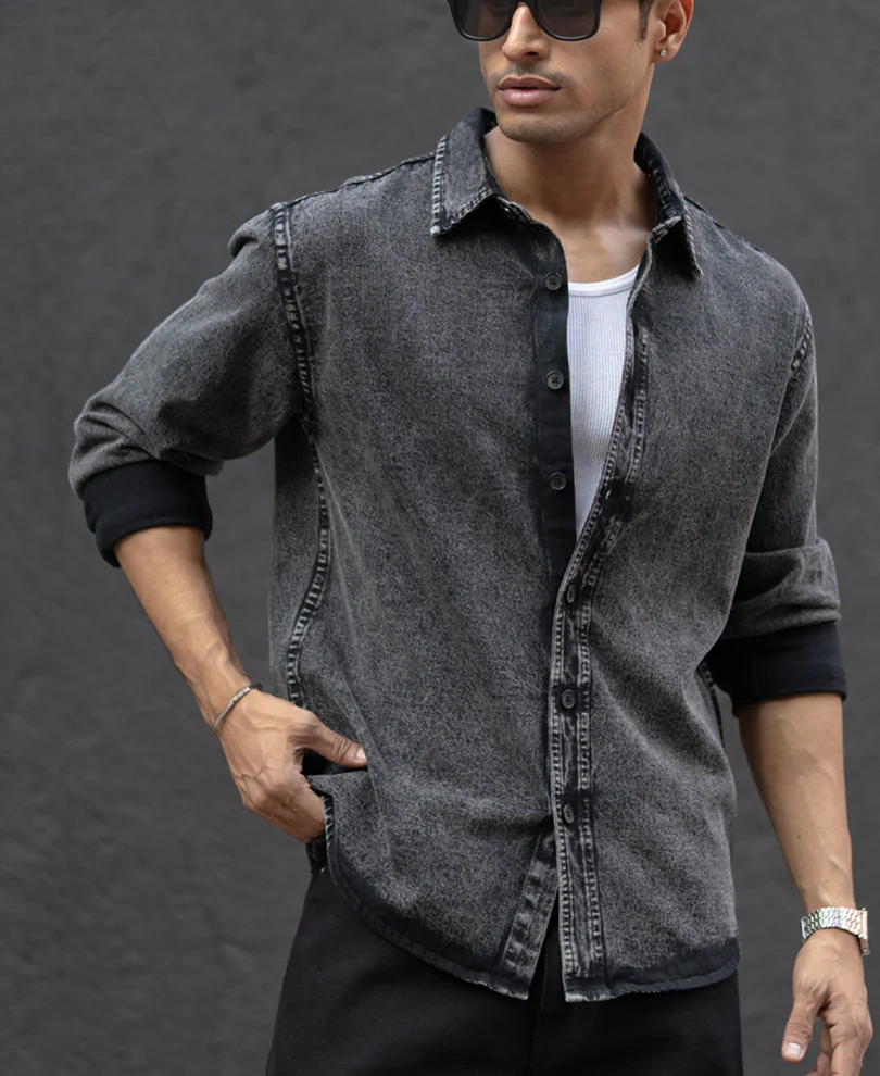 Charcoal Black Washed Denim Overshirt - Image 4