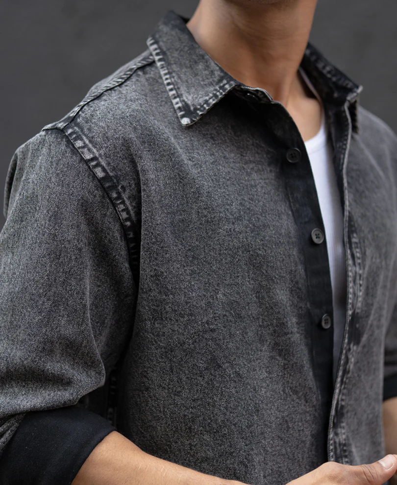 Charcoal Black Washed Denim Overshirt - Image 6