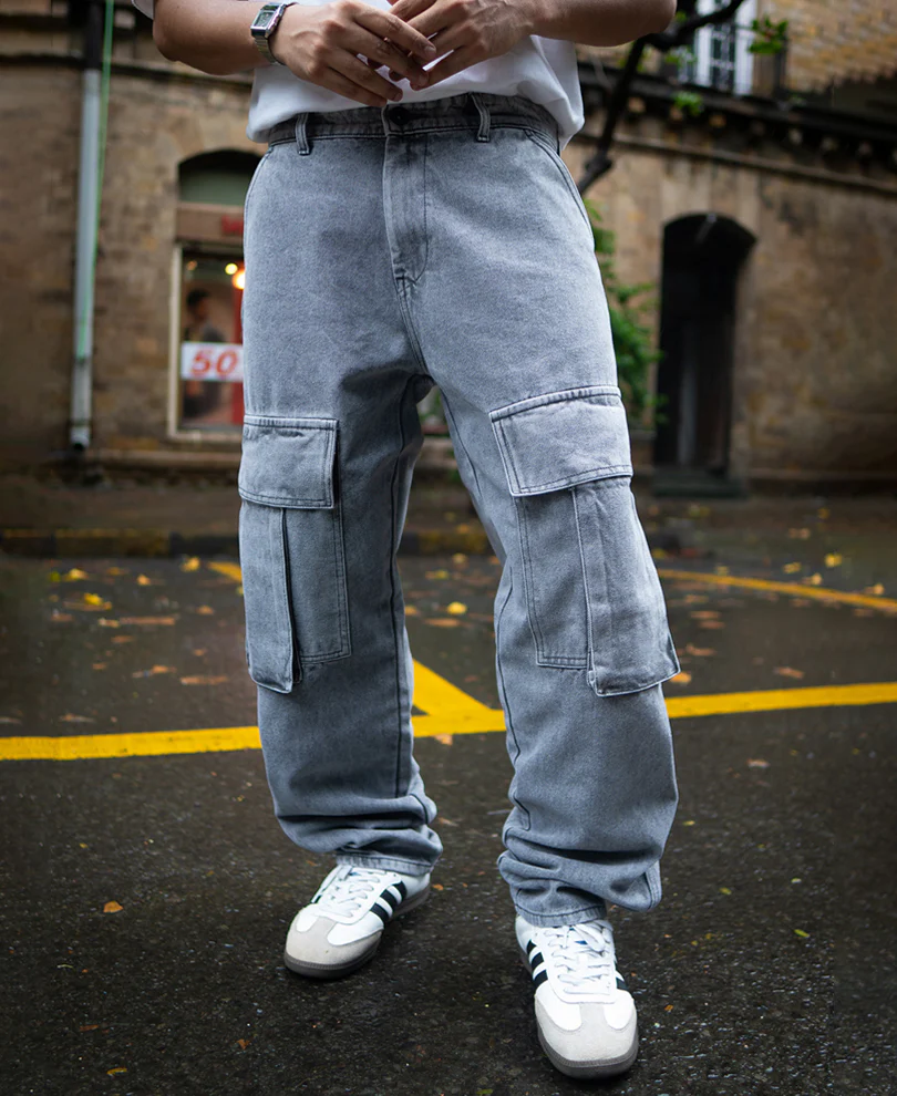 Charcoal Grey Baggy Fit Denim Jeans with Cargo Pockets - Image 3