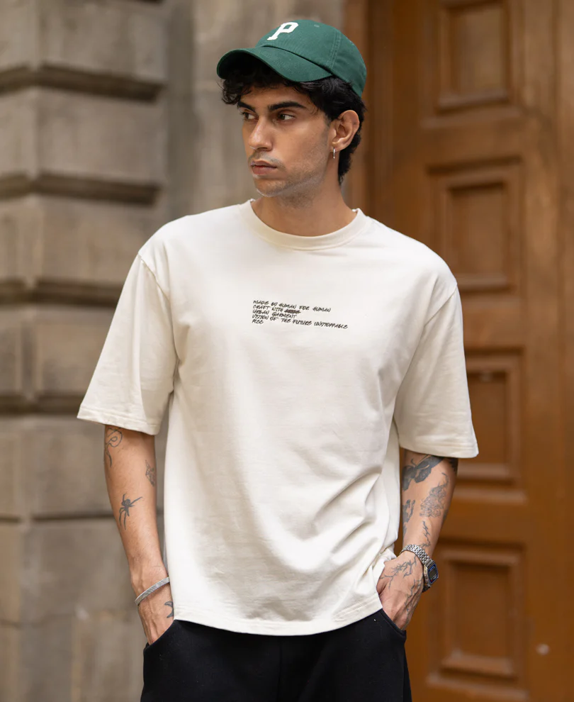 Cream Contrast Crochet Patch T-Shirt 100% Cotton - Image 2