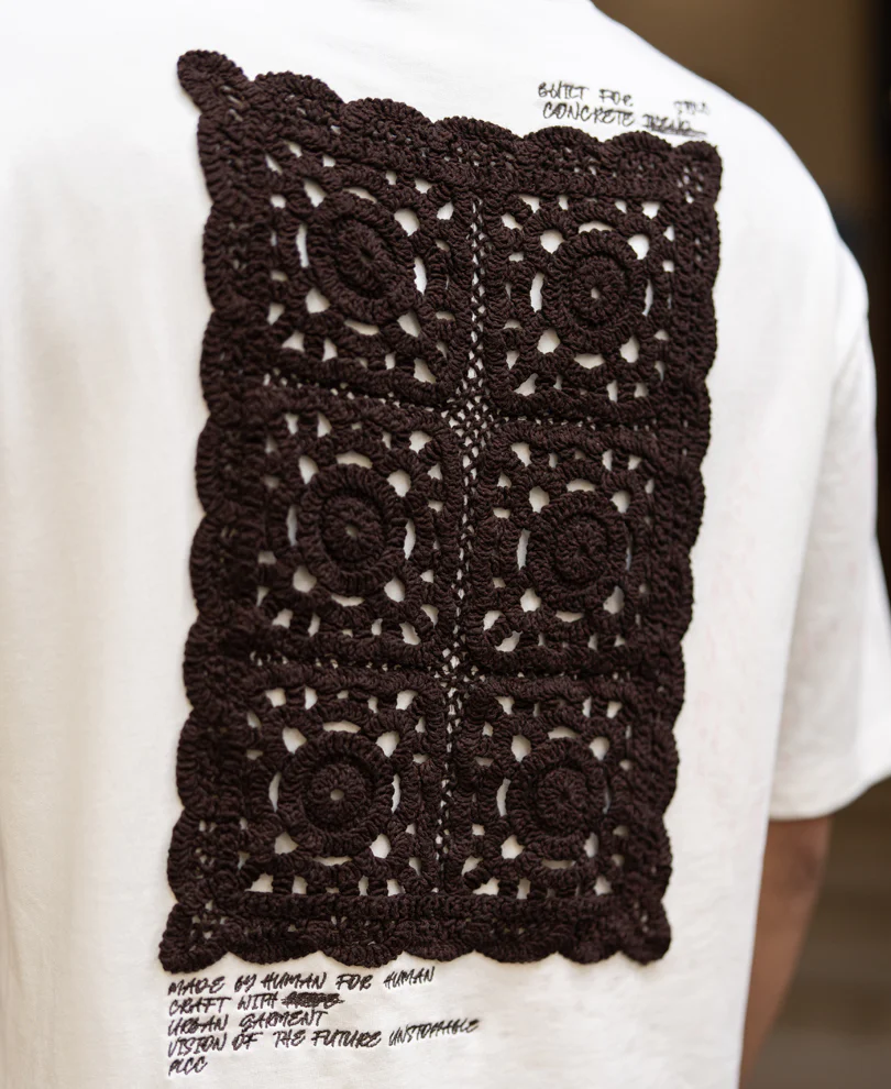 Cream Contrast Crochet Patch T-Shirt 100% Cotton - Image 4