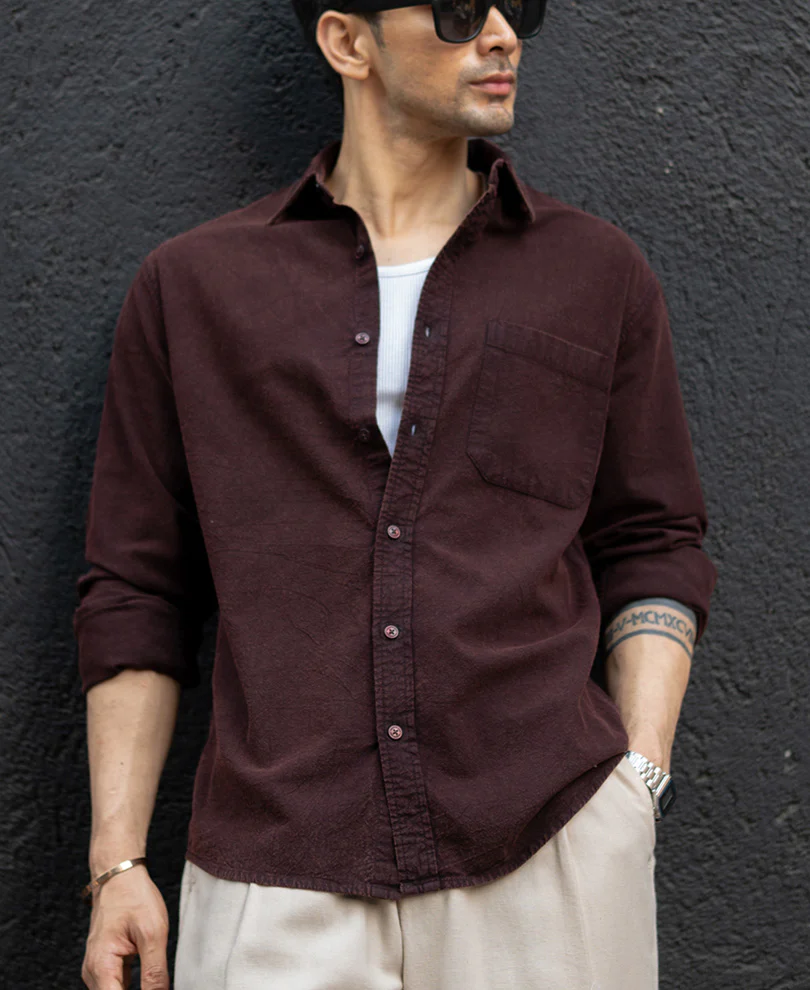 Dark Brown Washed Structure Shirt 100% Cotton - Image 2