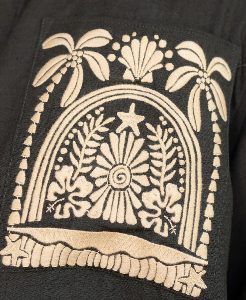 Dark Green Linen Blend Embroidered Shirt - Image 2