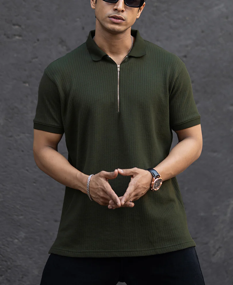 Dark Green Structured Half Sleeves Zipper T Shirt - Image 2