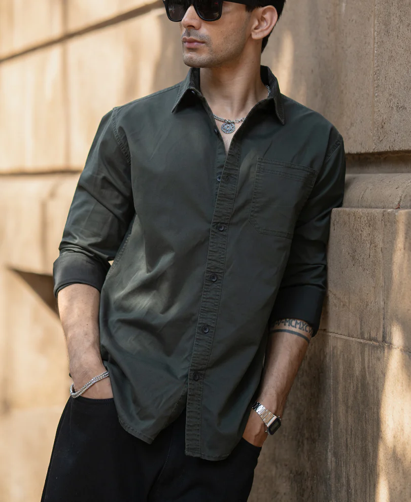 Dark Olive Twill Shirt 100% Cotton - Image 2