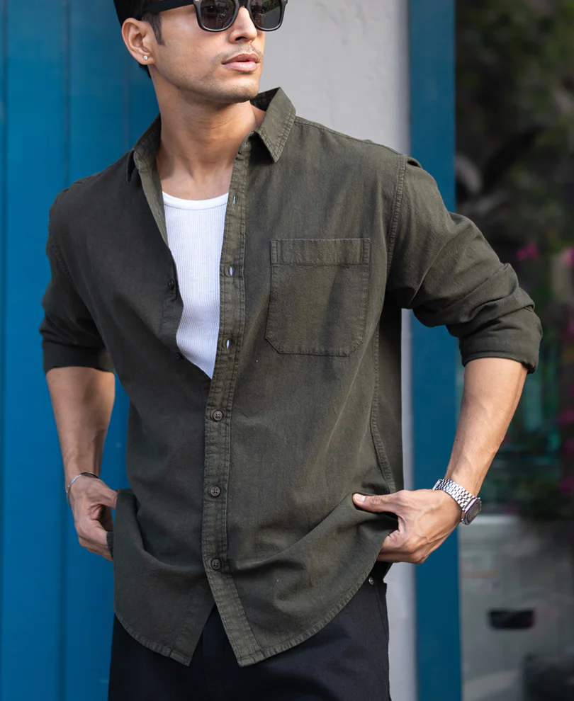 Dark Olive Washed Denim Shirt