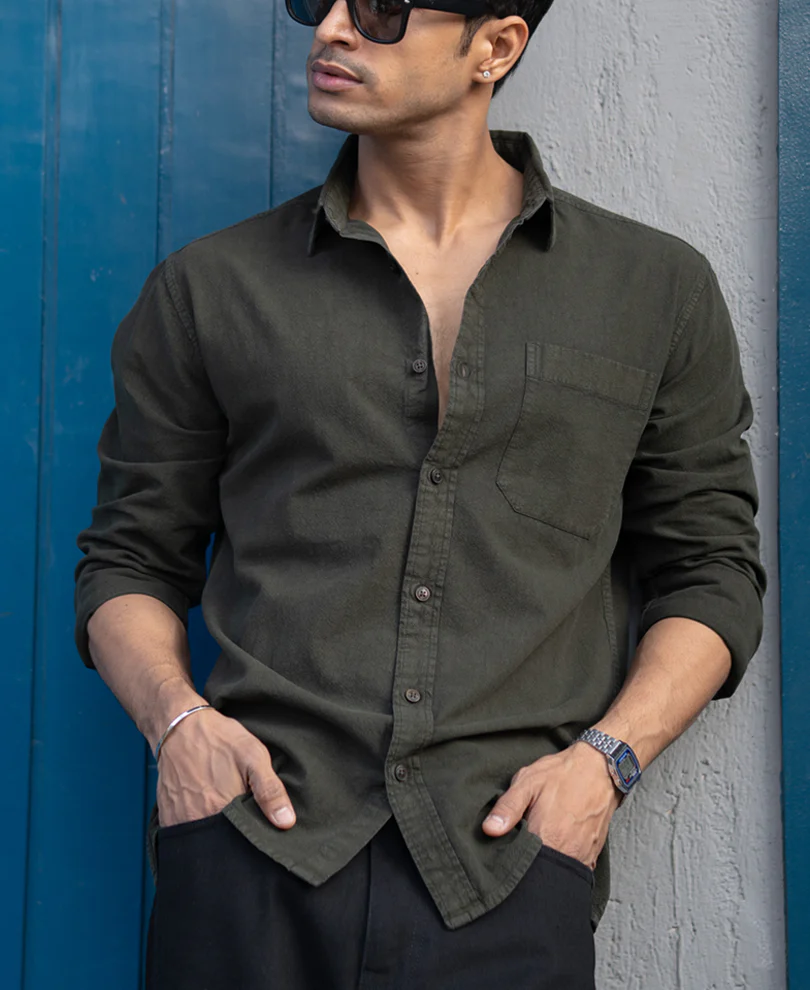Dark Olive Washed Denim Shirt - Image 3