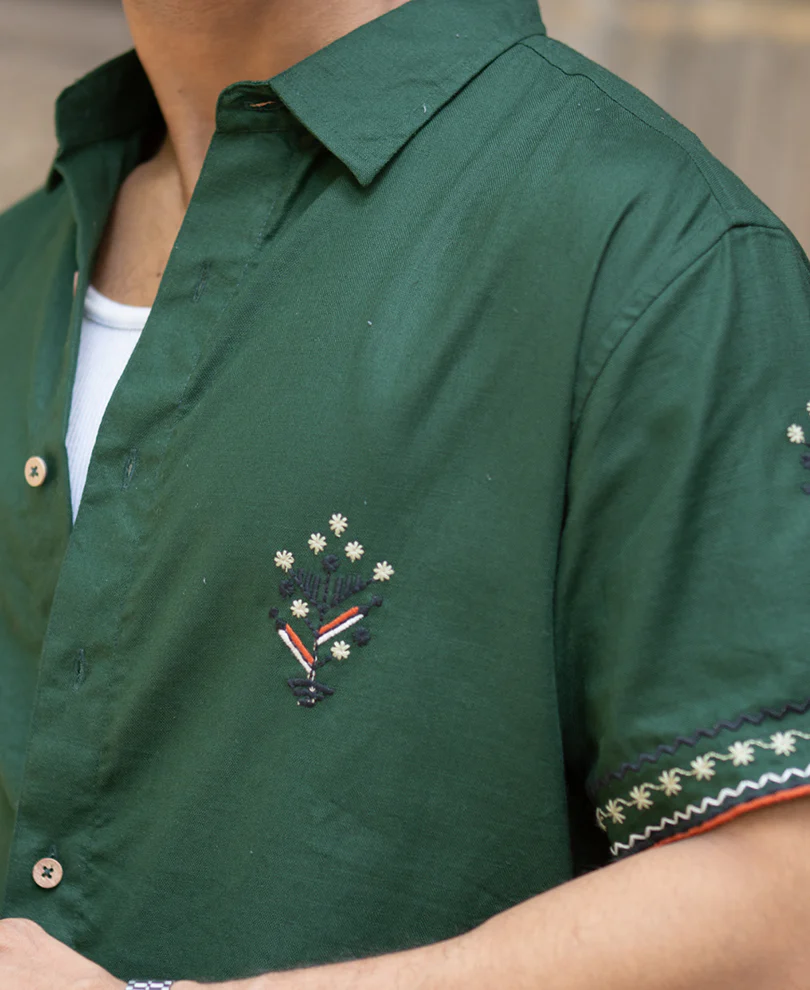 Dark Olive Embroidered Shirt 100% Cotton - Image 3