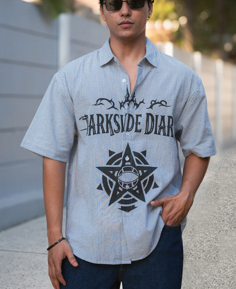Goth Print Blue Stripe Shirt 100% Cotton - Image 3