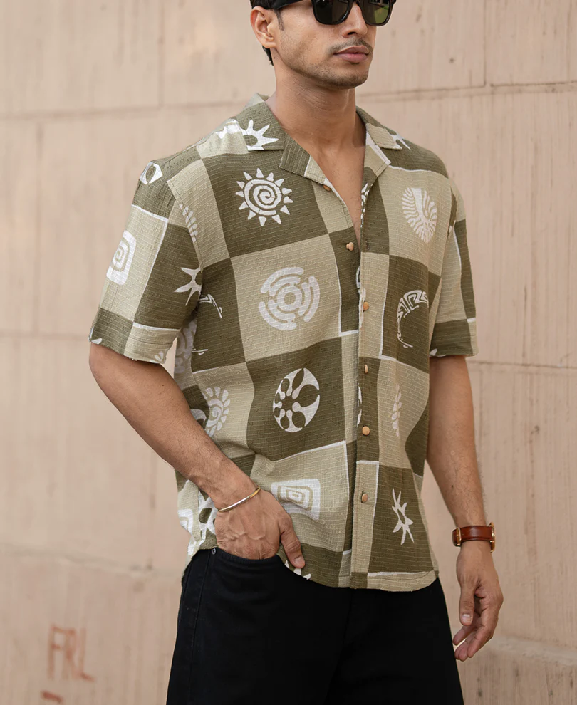 Green Structured Cuban Printed Shirt 100% Cotton - Image 3