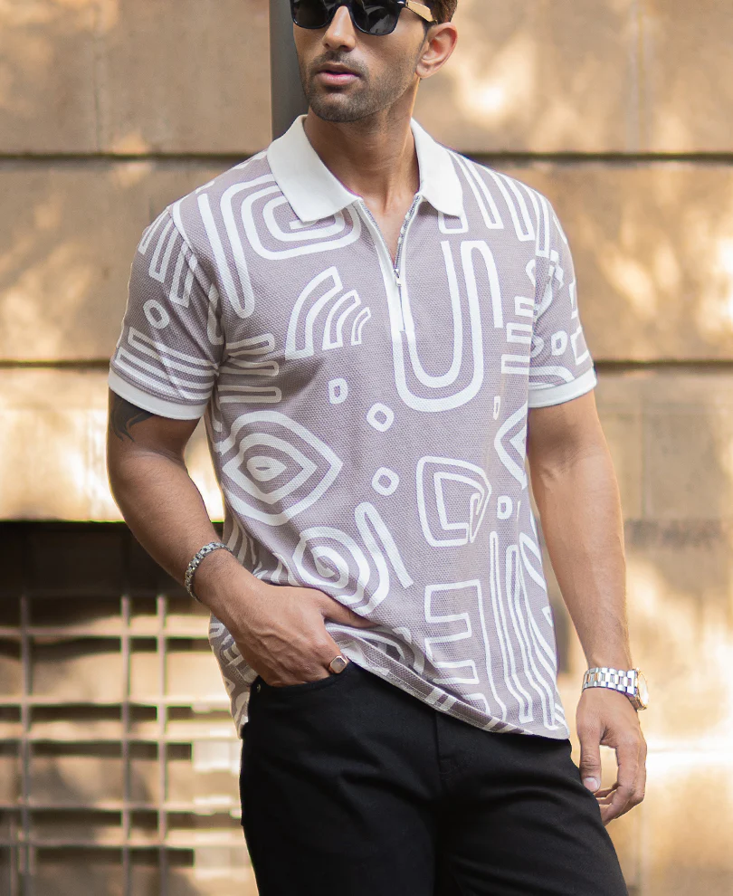 Grey Contrast Printed Polo T-Shirt 100% Cotton - Image 2