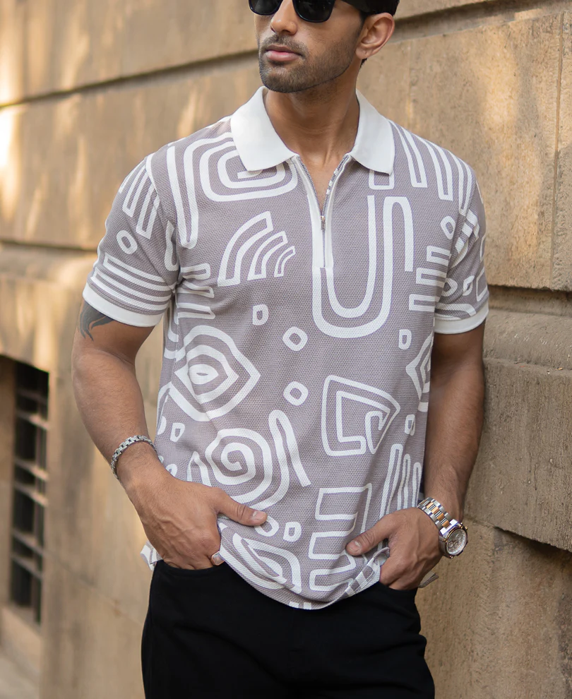 Grey Contrast Printed Polo T-Shirt 100% Cotton - Image 3