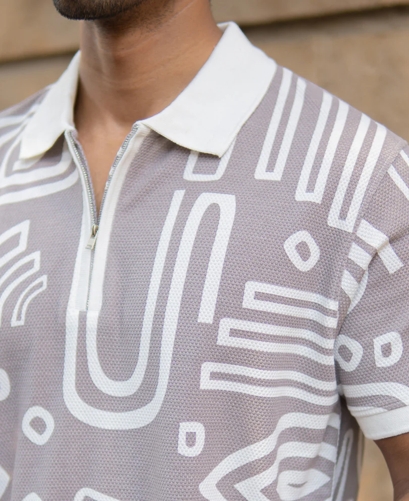 Grey Contrast Printed Polo T-Shirt 100% Cotton - Image 4