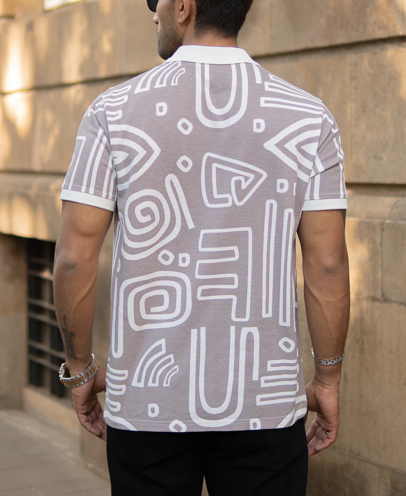 Grey Contrast Printed Polo T-Shirt 100% Cotton - Image 5
