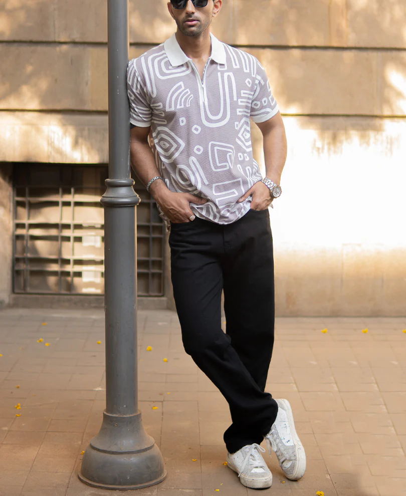Grey Contrast Printed Polo T-Shirt 100% Cotton - Image 6