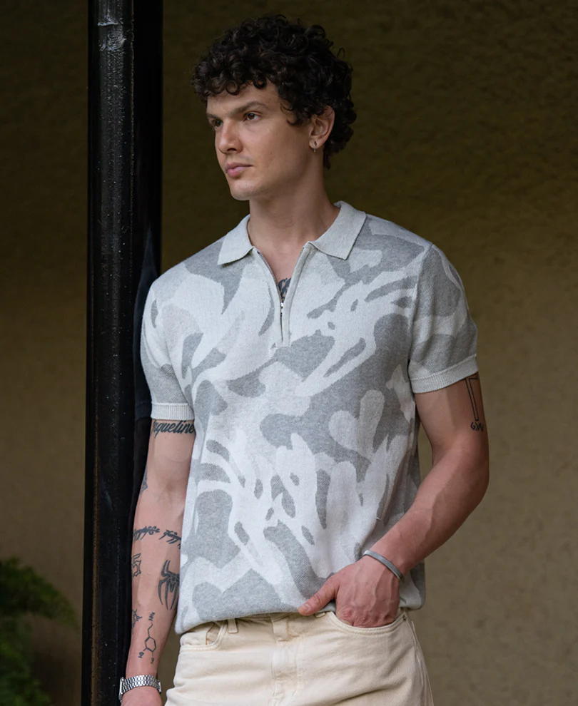 Grey Jacquard Knit T-Shirt 100% Cotton - Image 2