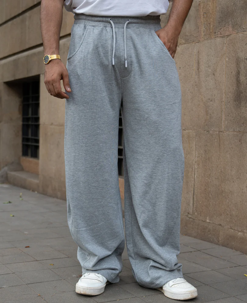 Grey Melange Barrel Fit Trackpants - Image 2