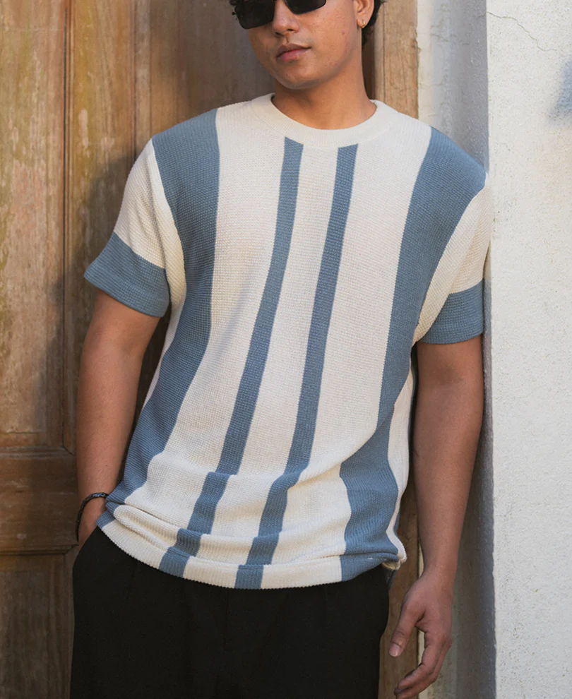 Grey Stripe Knit T-Shirt 100% Cotton - Image 2
