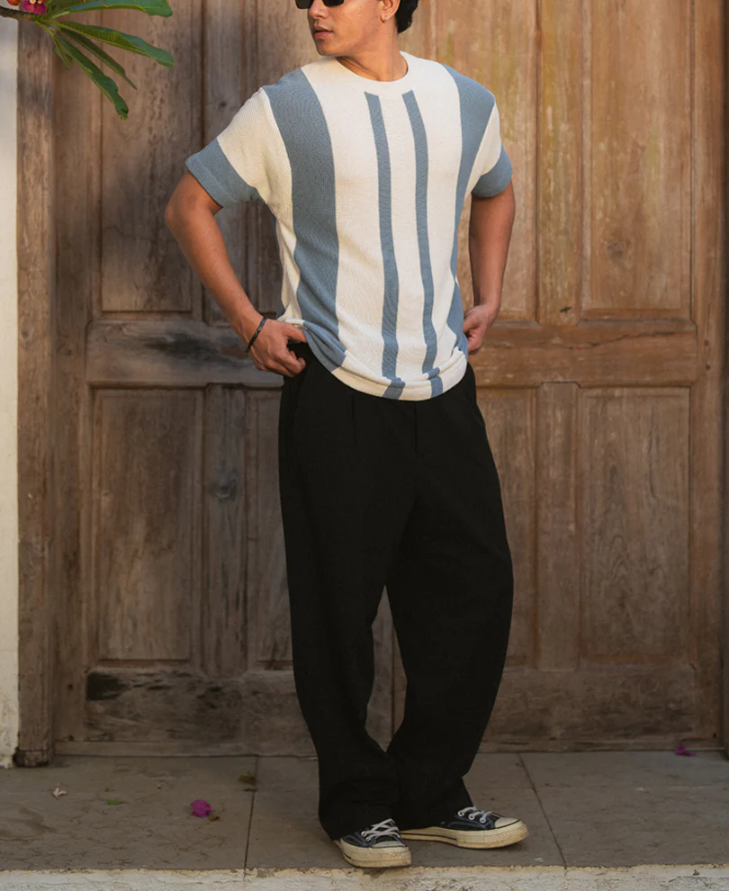 Grey Stripe Knit T-Shirt 100% Cotton - Image 6