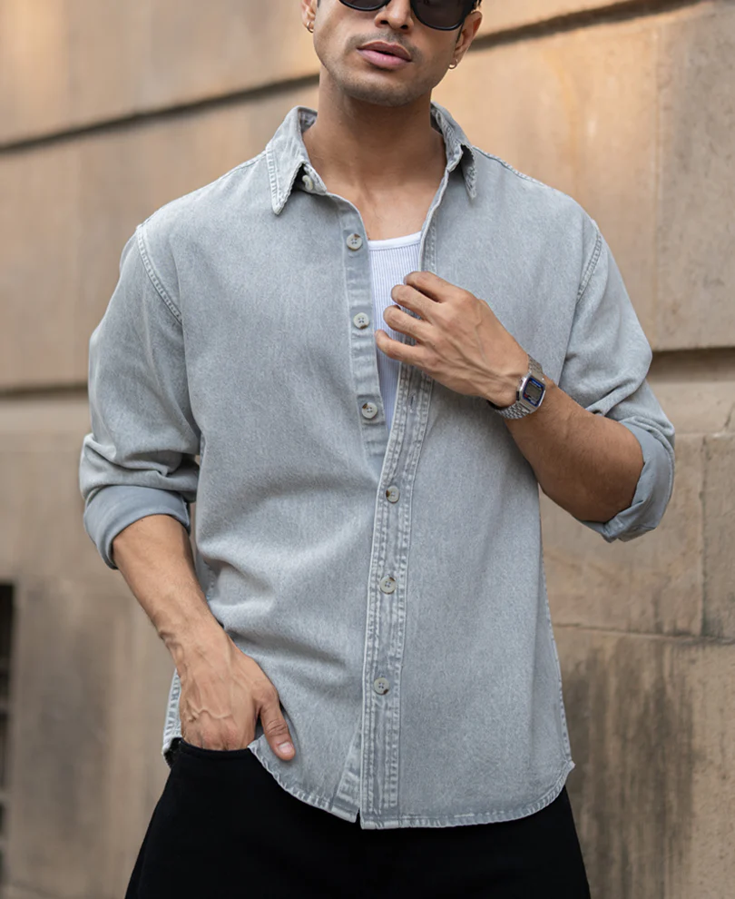 Grey Washed Denim Shirt - Image 2