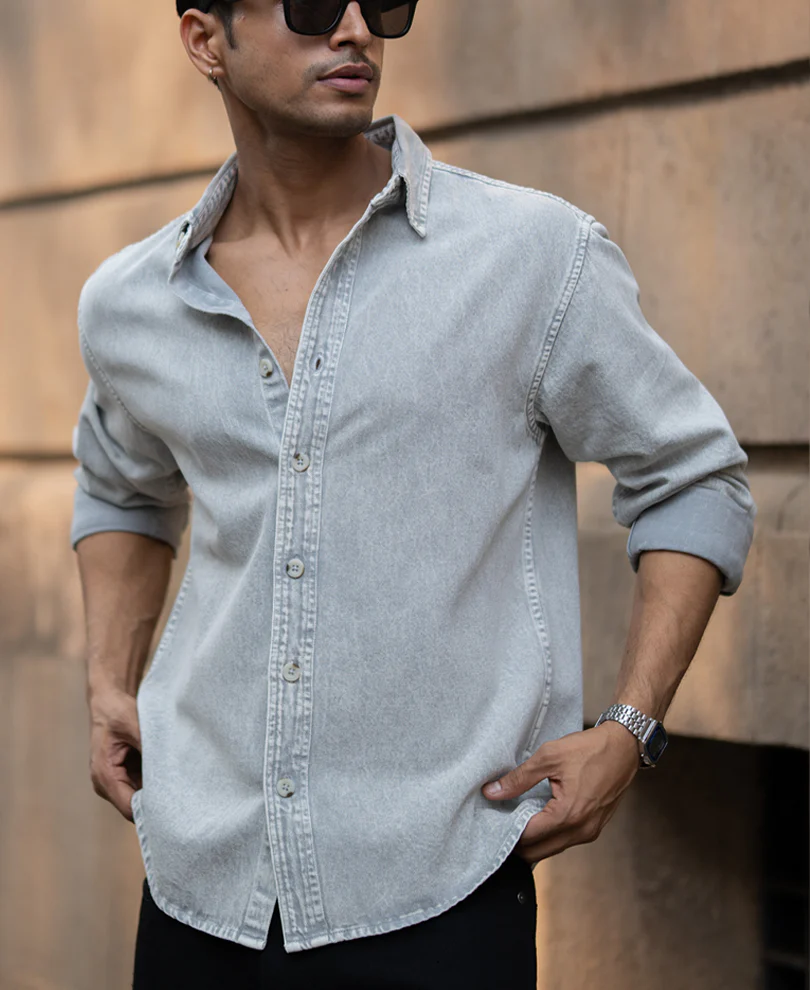 Grey Washed Denim Shirt - Image 3