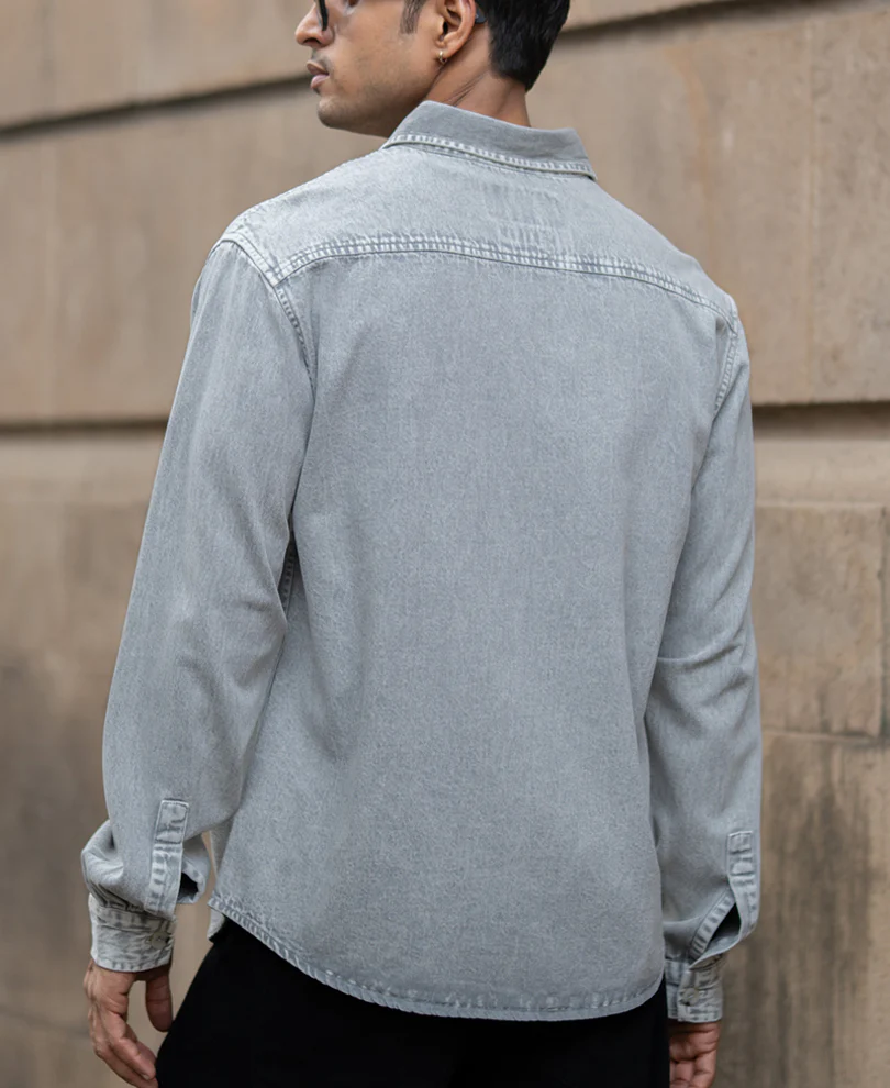 Grey Washed Denim Shirt - Image 6