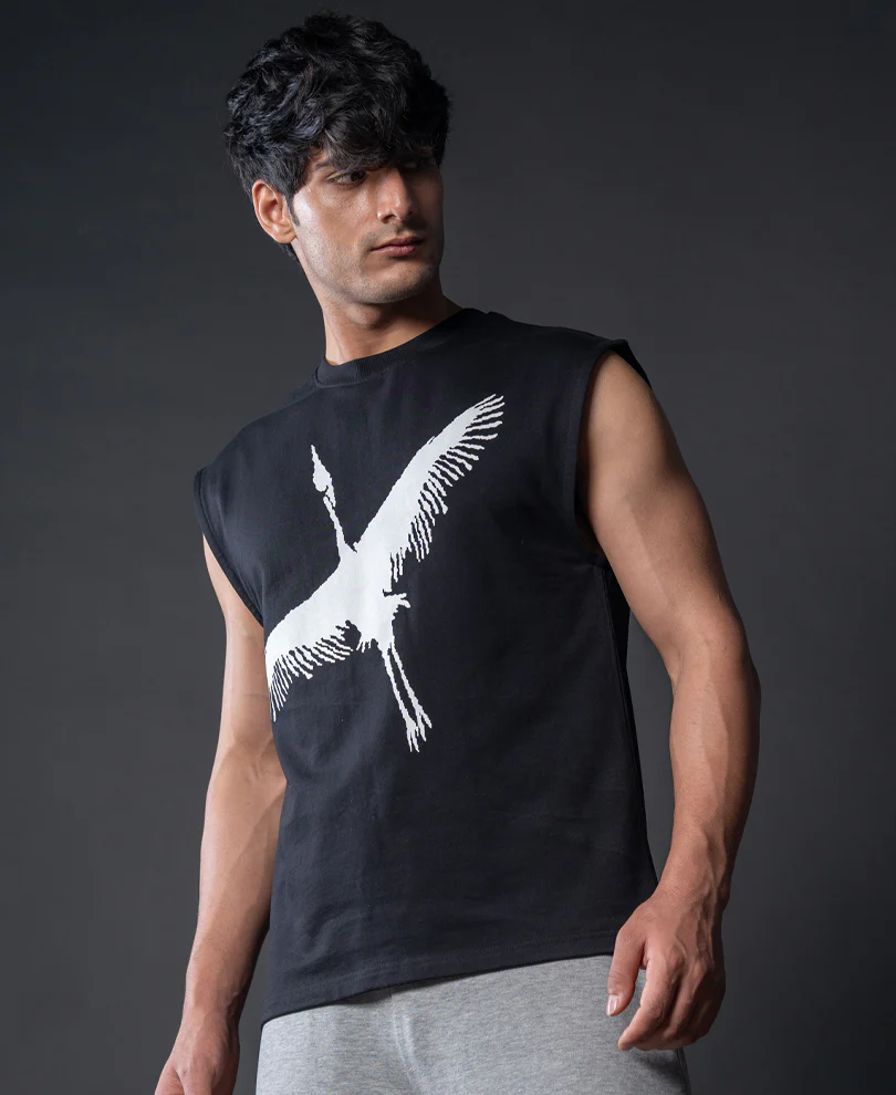 Heron Print Black Vest 100% Cotton - Image 2