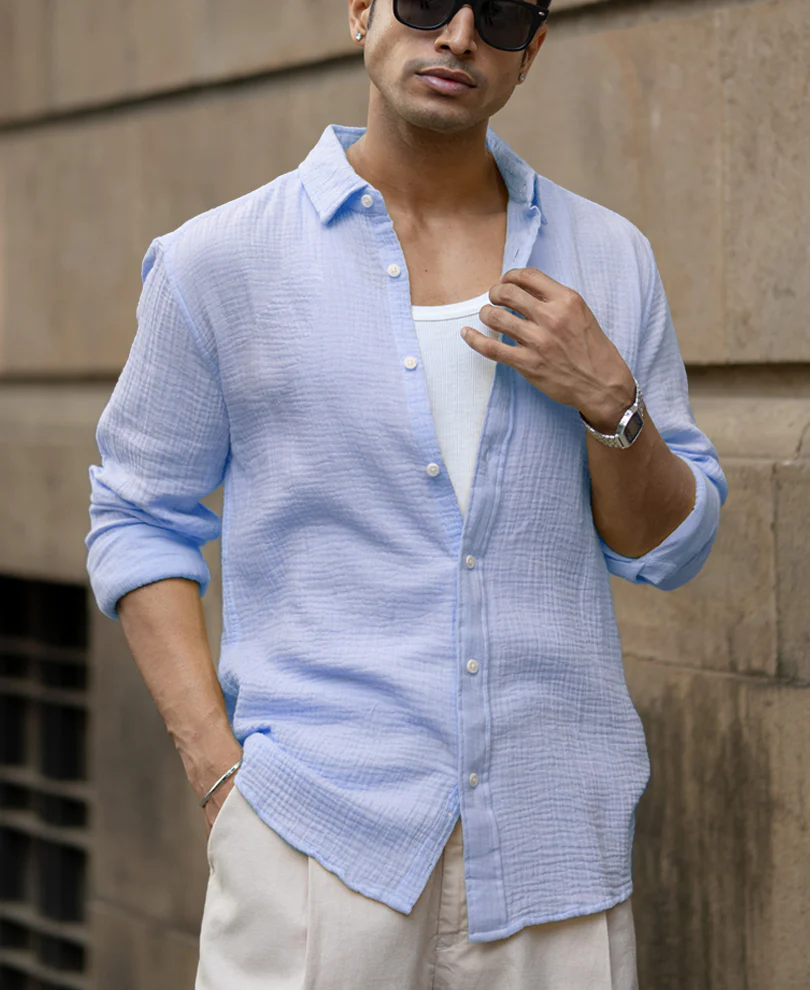 Light Blue Crinkled Cotton Shirt