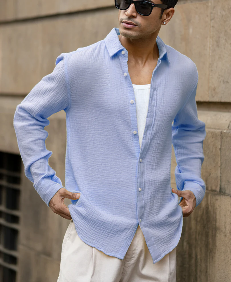 Light Blue Crinkled Cotton Shirt - Image 2
