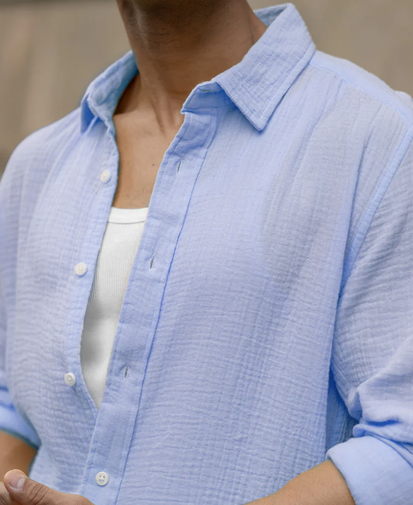 Light Blue Crinkled Cotton Shirt - Image 5