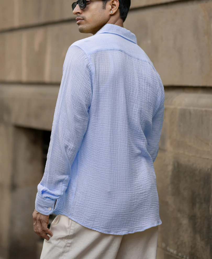 Light Blue Crinkled Cotton Shirt - Image 6