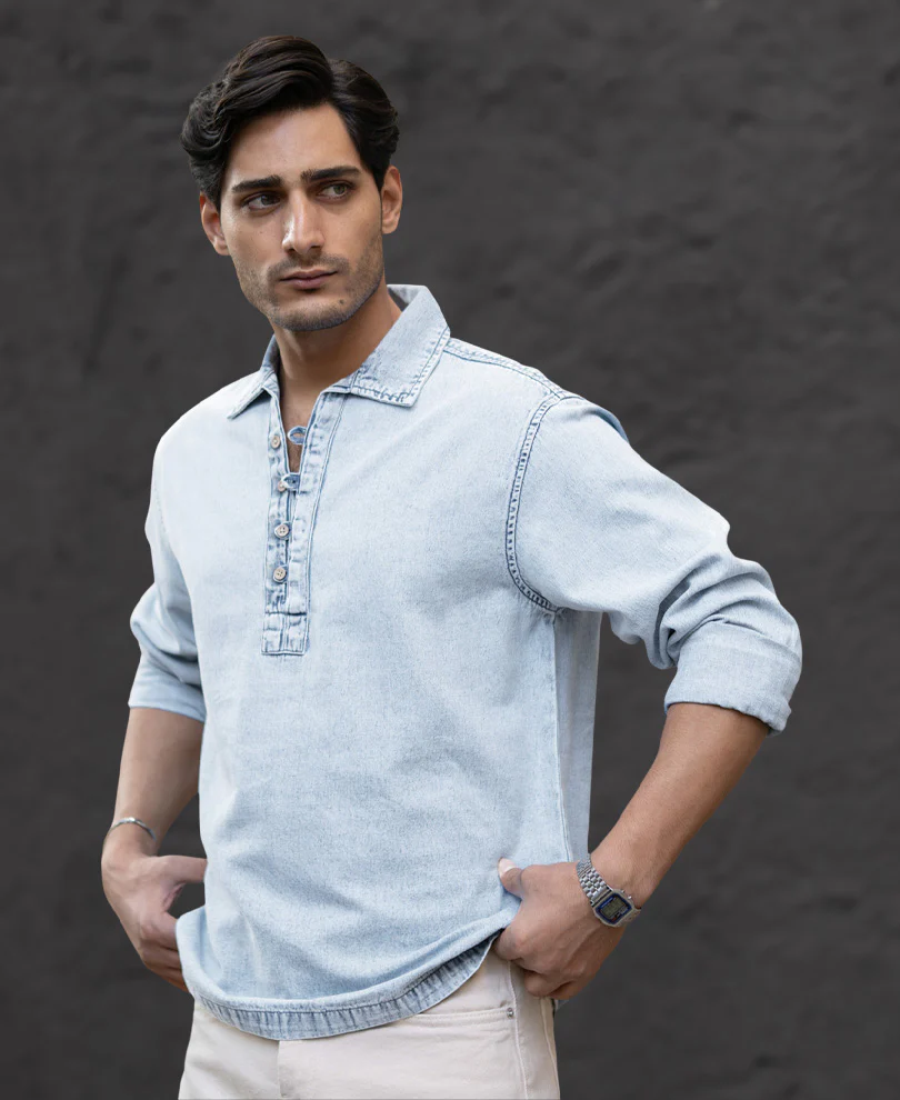 Light Blue Denim Kurta Shirt - Image 2