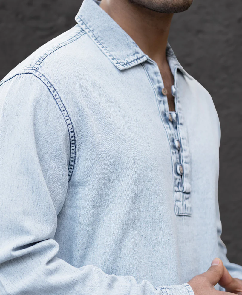 Light Blue Denim Kurta Shirt - Image 4