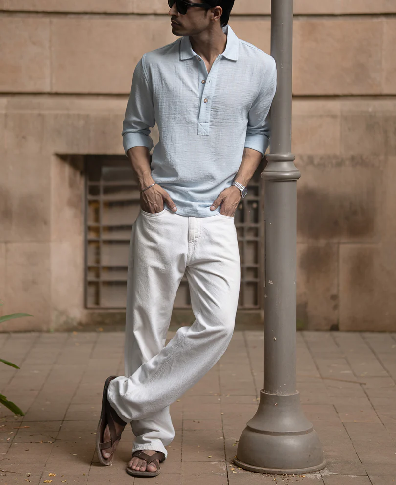 Light Blue Slub Kurta Shirt - Image 6