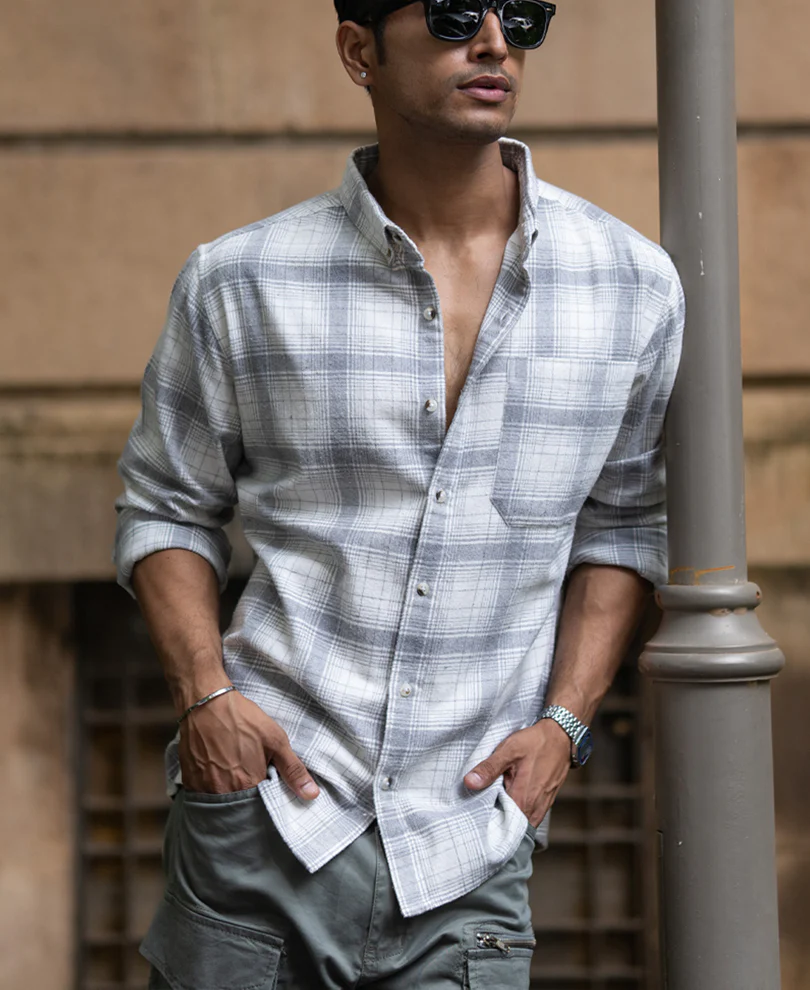 Light Grey Checks Shirt 100% Cotton - Image 2