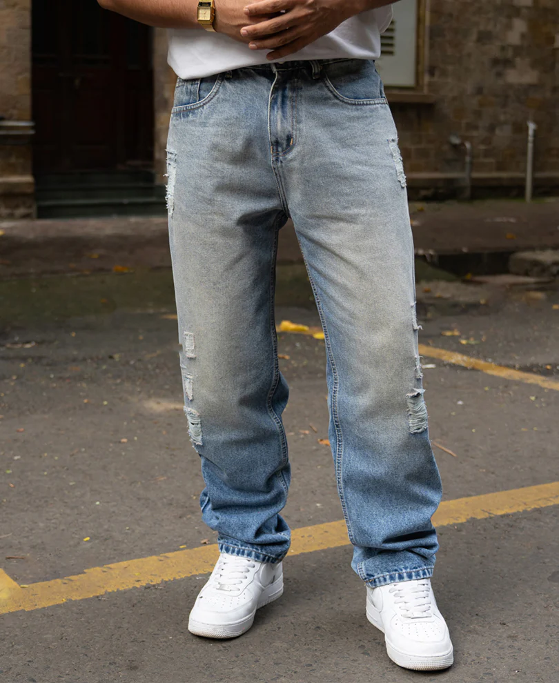 Mid Blue Baggy Distressed Jeans - Image 2