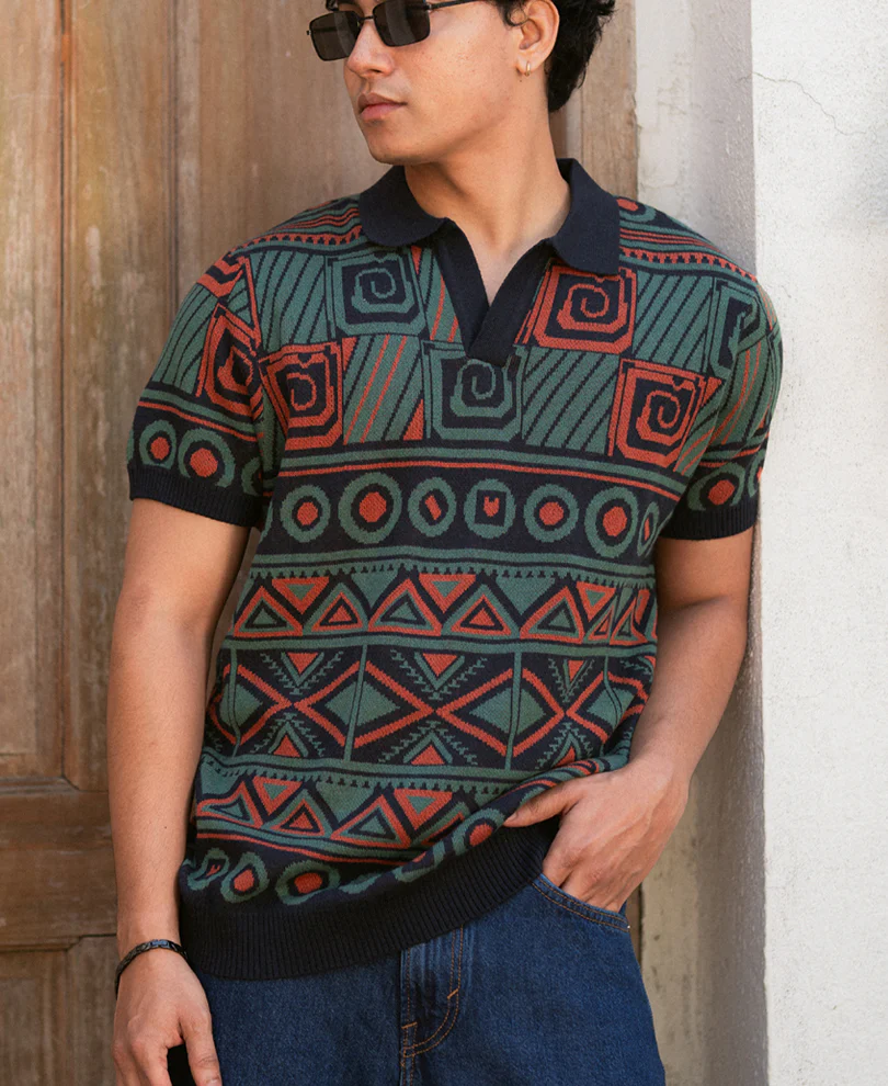 Multicolor Geometric Jacquard Knit T-Shirt 100% Cotton