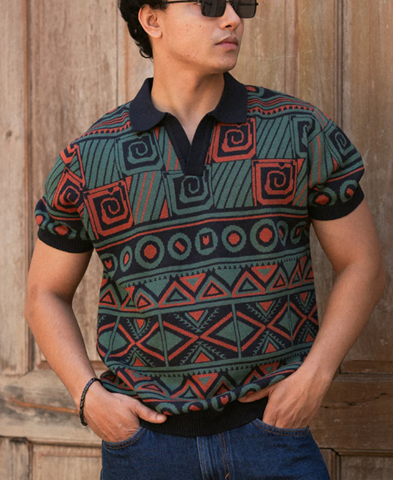 Multicolor Geometric Jacquard Knit T-Shirt 100% Cotton - Image 2