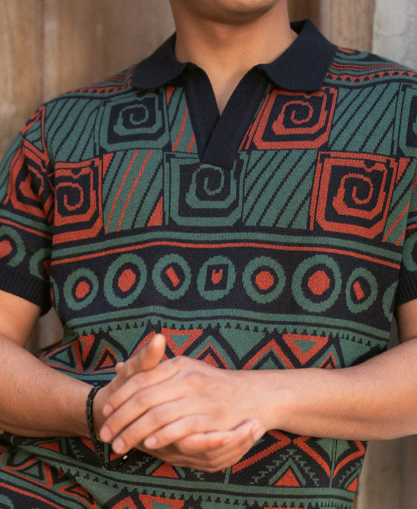 Multicolor Geometric Jacquard Knit T-Shirt 100% Cotton - Image 4
