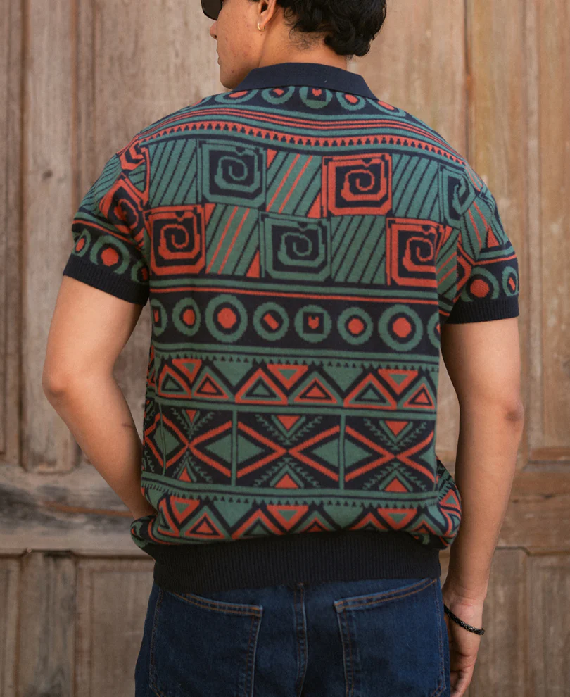 Multicolor Geometric Jacquard Knit T-Shirt 100% Cotton - Image 5