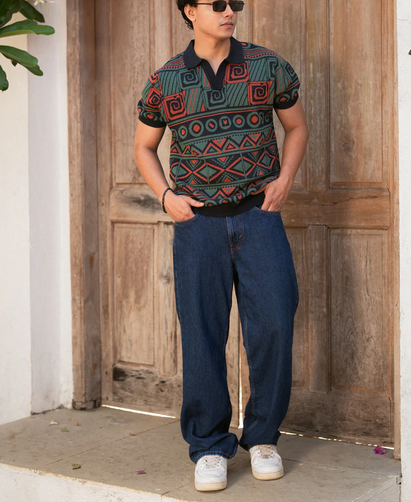 Multicolor Geometric Jacquard Knit T-Shirt 100% Cotton - Image 6