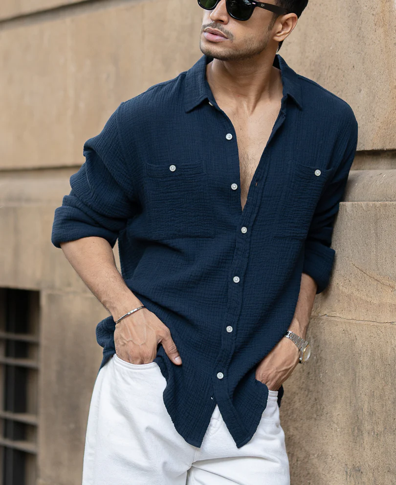 Navy Crinkled Shirt With Pockets 100% Cotton - Image 4