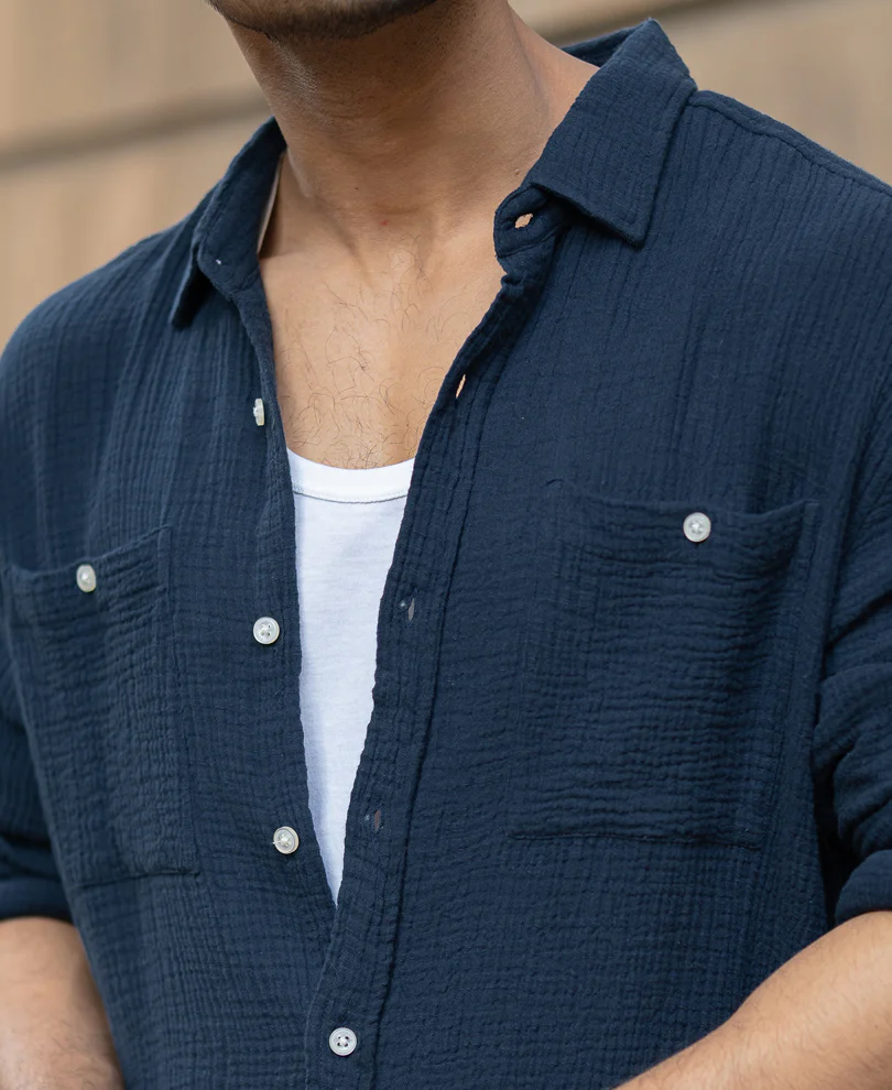 Navy Crinkled Shirt With Pockets 100% Cotton - Image 5