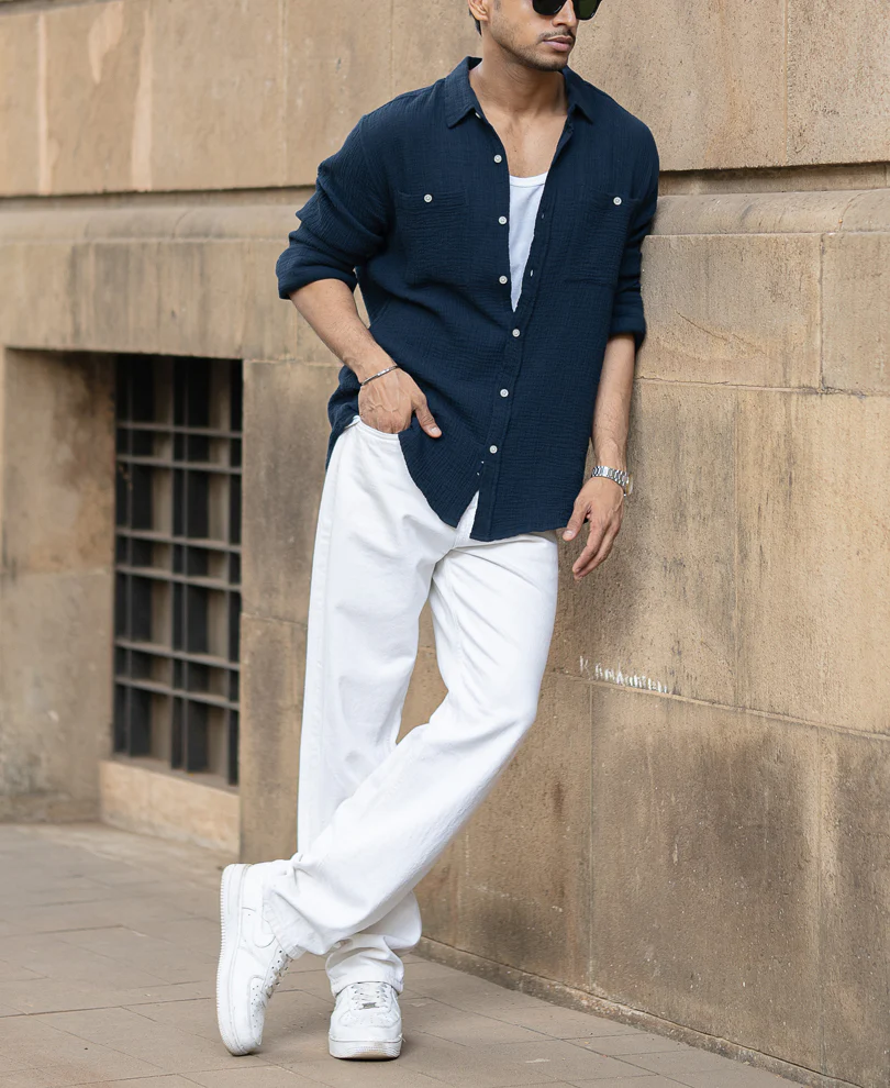 Navy Crinkled Shirt With Pockets 100% Cotton - Image 7